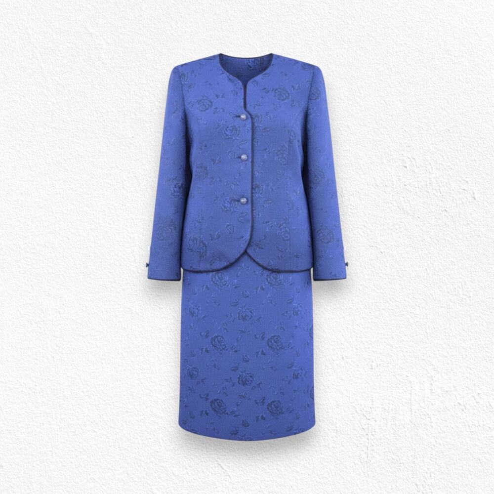 Vintage 80s Royal Blue Jacquard Floral Skirt Suit Set Formal Church Size 12P USA